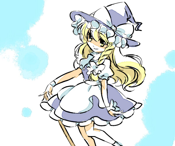 chigo, kirisame marisa, touhou, 1girl, apron, black dress, blonde hair, dress, female focus, hat, holding, looking at viewer, puffy short sleeves, puffy sleeves, short sleeves, solo, standing, stick, waist apron, witch hat