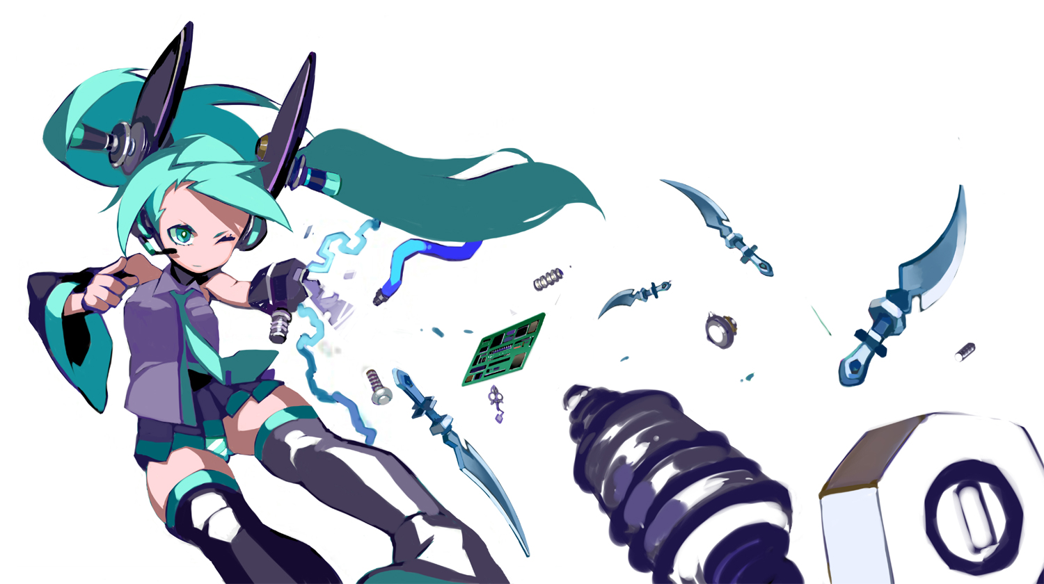 kuroameman, hatsune miku, vocaloid, 1girl, android, aqua eyes, aqua hair, detached sleeves, female focus, headphones, headset, knife, lightning, long hair, mechabare, necktie, one eye closed, panties, simple background, skirt, solo, thighhighs, twintails, underwear, white background, wink, zettai ryouiki