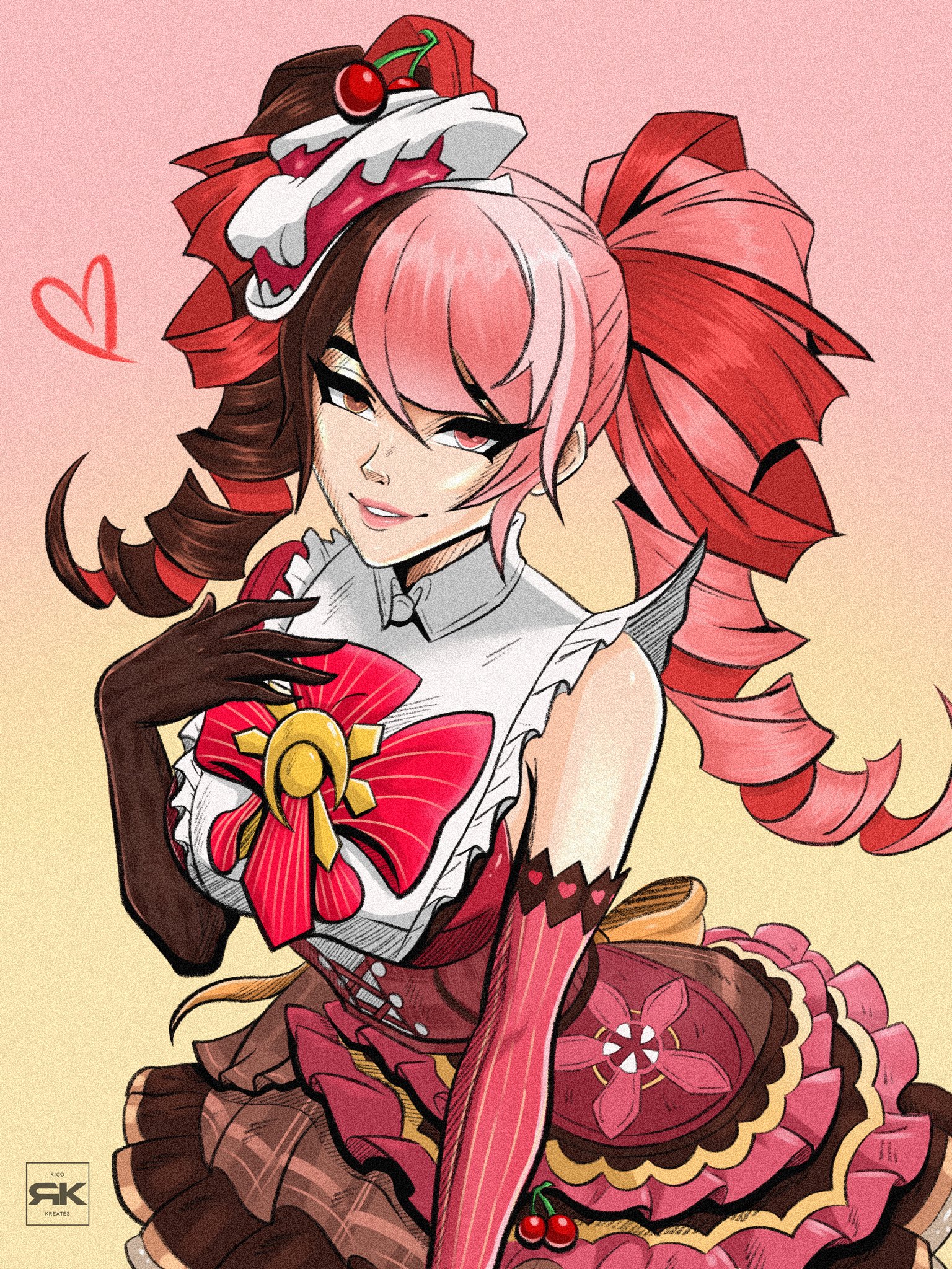 luna snow, marvel, marvel rivals, adversarial noise, commentary, english commentary, highres, 1girl, asymmetrical gloves, bow, brown dress, brown eyes, brown gloves, brown hair, corset, cowboy shot, dress, drill hair, elbow gloves, gloves, gradient background, heart, heterochromia, lolita fashion, looking at viewer, luna snow (cherry delight), mismatched gloves, multicolored dress, multicolored hair, official alternate costume, parted lips, pink background, pink dress, pink eyes, pink gloves, pink hair, pink lips, plaid clothes, plaid dress, red bow, red corset, red dress, red streaks, rkreates, sleeveless, sleeveless dress, smile, solo, split-color hair, striped clothes, striped gloves, sweet lolita, twin drills, vertical-striped clothes, vertical-striped gloves, yellow background