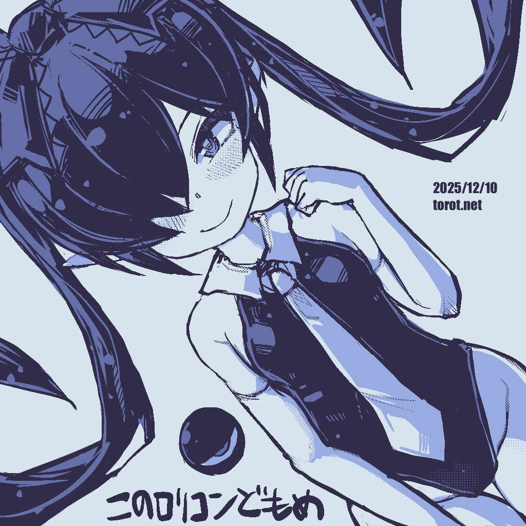 torotei, backbeako (torotei), backbeard, gegege no kitarou, original, commentary, paid reward available, translated, 1girl, blue background, blue theme, blush, bow, breasts, closed mouth, collared leotard, dated, dated commentary, dutch angle, hair bow, hair over one eye, hand up, kono lolicon domome, leotard, long hair, looking at viewer, monochrome, necktie, petite, pointy ears, simple background, small breasts, smile, solo, twintails, very long hair, watermark, web address