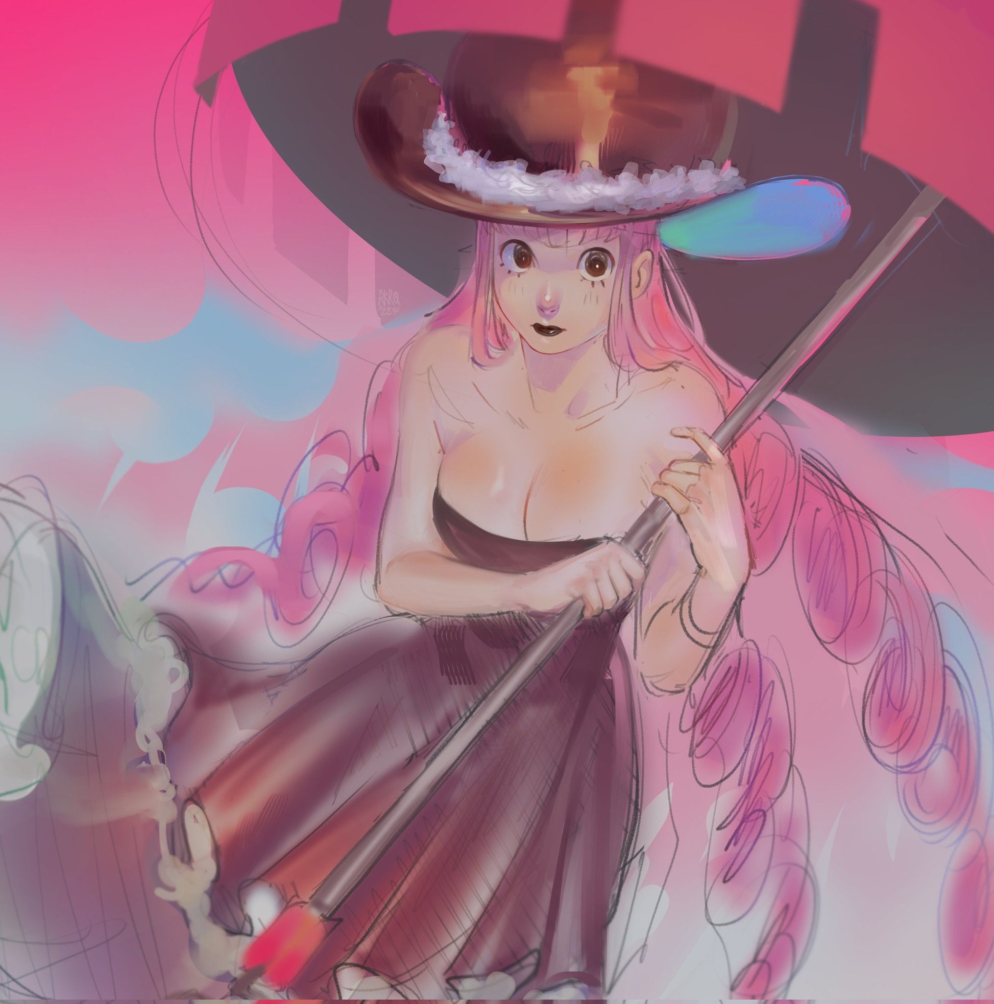 rk ( barokeroq22221), perona, one piece, commentary, highres, symbol-only commentary, 1girl, bare shoulders, black lips, blunt bangs, blush, breasts, closed mouth, dress, drill hair, hat, holding, holding umbrella, large breasts, long dress, long hair, pink hair, sidelocks, solo, umbrella, very long hair