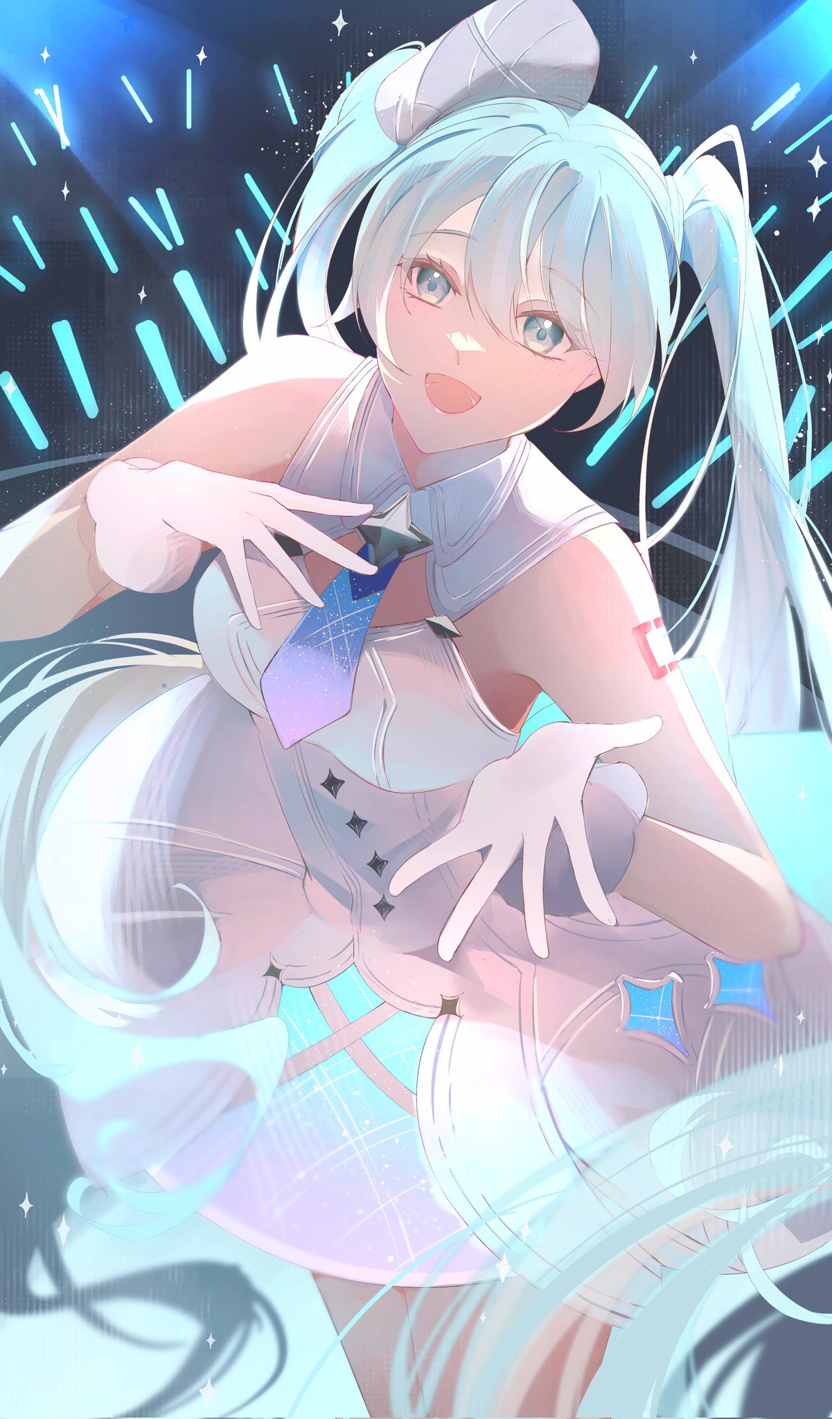 airani iofifteen (artist), hatsune miku, project sekai, vocaloid, commentary, english commentary, highres, 1girl, :d, arm tattoo, blue eyes, blue hair, blue necktie, collared dress, dress, gloves, glowstick, gradient necktie, hat, long hair, looking at viewer, necktie, number tattoo, open mouth, penlight (glowstick), shadow, smile, solo, tattoo, twintails, very long hair, white dress, white gloves