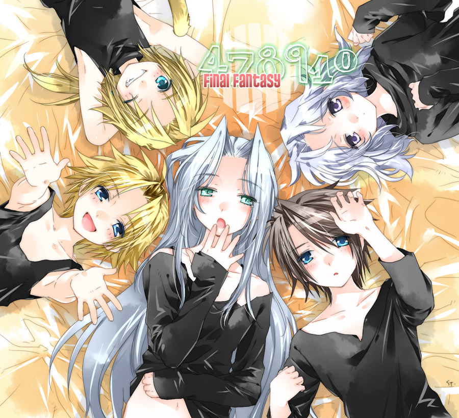 toujou sakana, cecil harvey, sephiroth, squall leonhart, tidus, zidane tribal, dissidia final fantasy, final fantasy, final fantasy iv, final fantasy ix, final fantasy vii, final fantasy viii, final fantasy x, silver hair, bad id, bad pixiv id, 00s, 1990s (style), 5boys, androgynous, aqua eyes, blonde hair, blue eyes, blush, circle formation, copyright name, in-franchise crossover, long hair, lying, male focus, multiple boys, one eye closed, open mouth, purple eyes, retro artstyle, short hair, smile, tail, wink, yawning