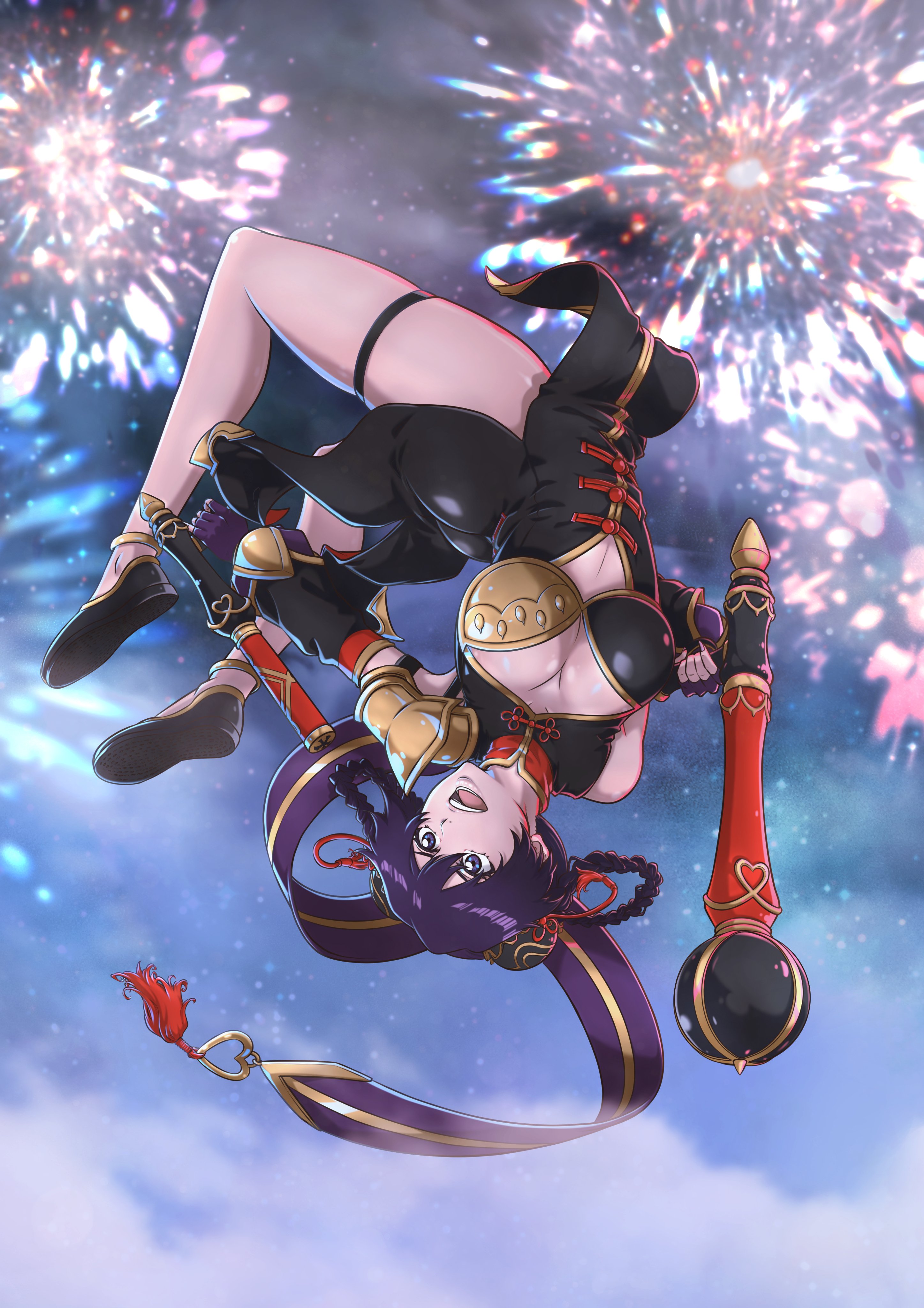 sonzhondaya, bambietta basterbine, bleach, bleach: brave souls, bleach: sennen kessen-hen, absurdres, commentary, english commentary, highres, black dress, black shoes, braid, breasts, cleavage, cleavage cutout, clothing cutout, detached sleeves, dress, fingerless gloves, fireworks, gloves, hair between eyes, hair ornament, holding, holding weapon, purple eyes, purple gloves, purple hair, shoes, tonfa, twin braids, weapon