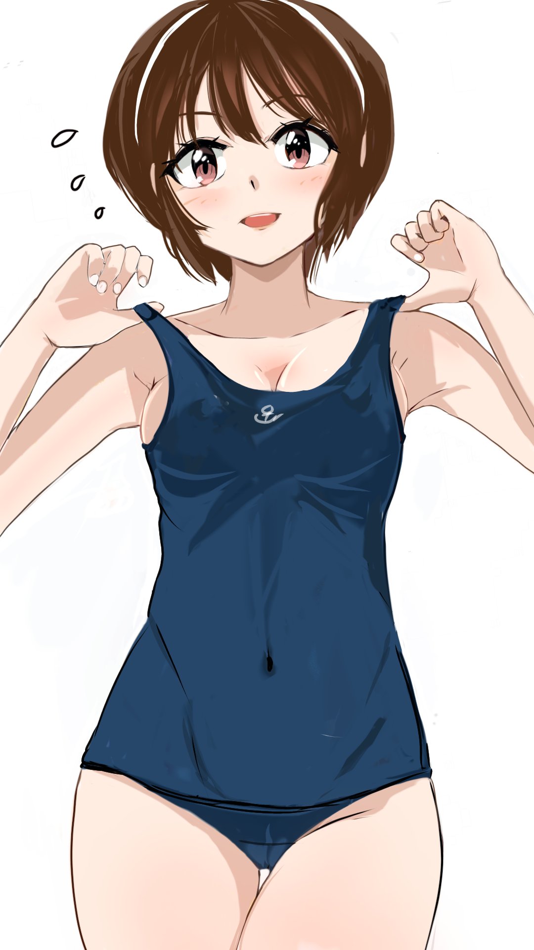 sirayuki0328081, natori (kancolle), kantai collection, commentary request, highres, 1girl, adjusting clothes, adjusting gloves, blush, breasts, brown eyes, brown hair, covered navel, cowboy shot, embarrassed, gloves, hairband, looking at viewer, medium breasts, one-piece swimsuit, open mouth, school swimsuit, short hair, solo, sweatdrop, swimsuit, white background, white hairband