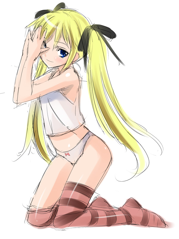 akito (ao's club), akito (artist), camisole, panties, sketch, solo, striped clothes, striped thighhighs, thighhighs, twintails, underwear