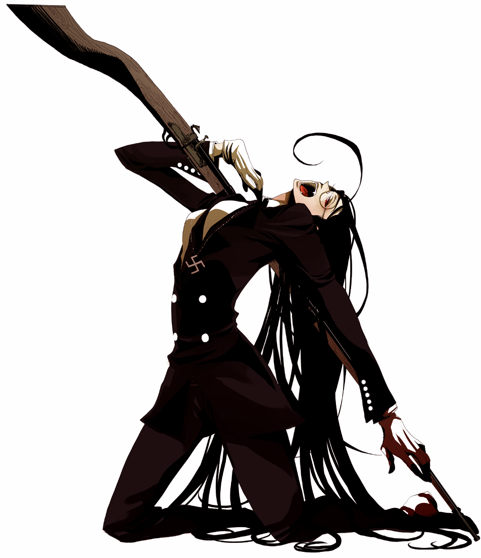youda, rip van winkle (hellsing), hellsing, 1girl, ahoge, antique firearm, black hair, blush, fang, fangs, female focus, firearm, firelock, flintlock, formal clothes, freckles, glasses, gloves, gun, jewelry, jezail, long hair, music, musket, nazi, necklace, necktie, open mouth, pant suit, pants, red eyes, rifle, singing, solo, suit, swastika, tongue, vampire, very long hair, weapon, white gloves