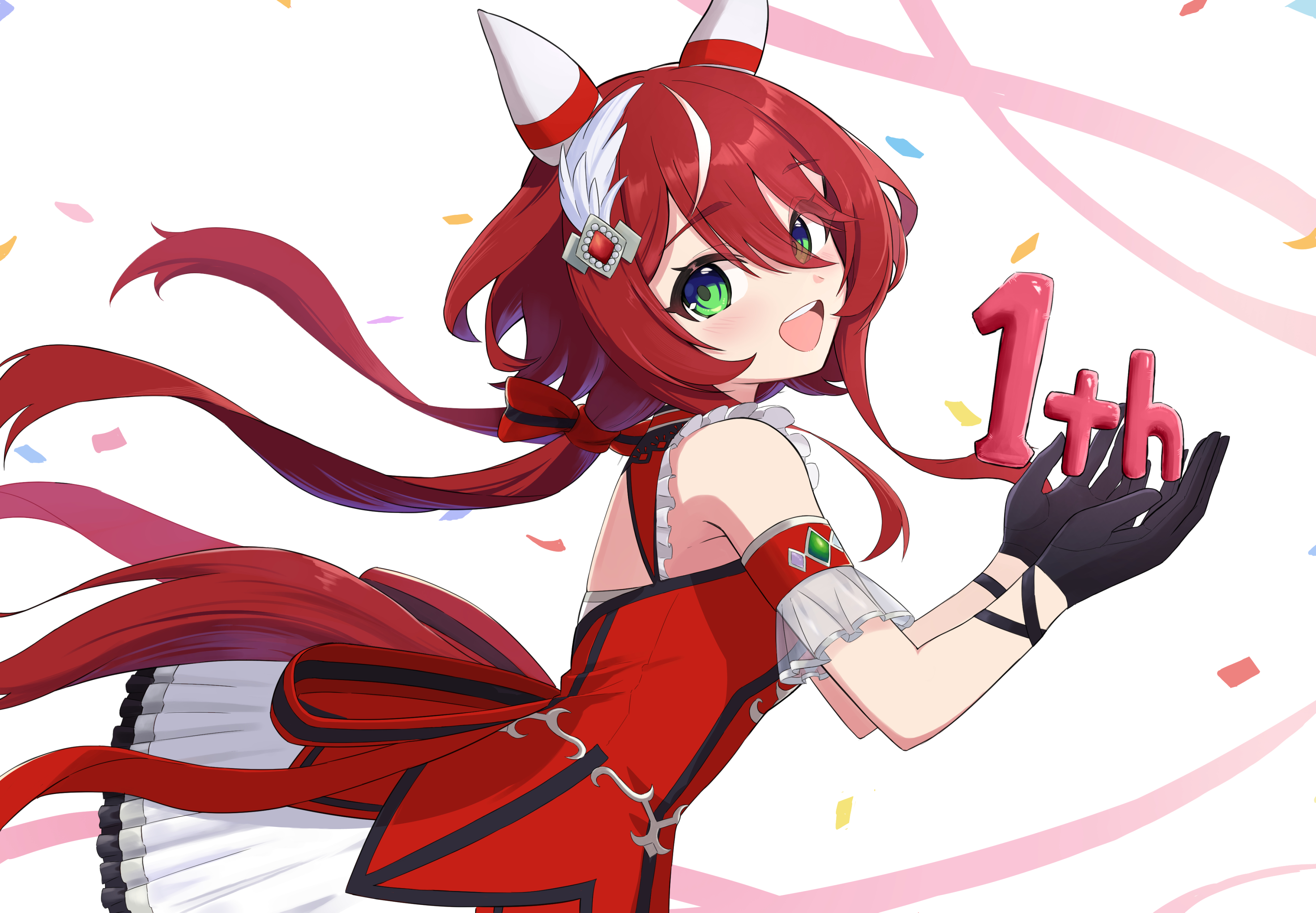 mugi mg317, win variation (dramatic tutu) (umamusume), win variation (umamusume), umamusume, absurdres, commentary request, highres, 1girl, animal ears, black gloves, blush, bow, breasts, confetti, dress, ear covers, ear ornament, feather hair ornament, feathers, gloves, green eyes, hair between eyes, hair bow, hair ornament, horse ears, horse girl, horse tail, long hair, looking at viewer, low twintails, open mouth, red bow, red dress, red hair, small breasts, smile, solo, streamers, tail, teeth, twintails, upper teeth only