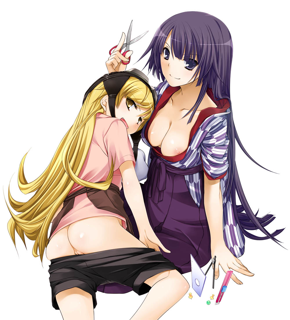 nakajima yuka, oshino shinobu, senjougahara hitagi, bakemonogatari, bashamichi, monogatari (series), 00s, 2girls, ass, blonde hair, breasts, cleavage, clothes pull, compass, downblouse, fangs, goggles, hakama, hakama skirt, hat, japanese clothes, kimono, large breasts, loli, long hair, looking back, multiple girls, nipple slip, nipples, no bra, no panties, open mouth, pulling own clothes, purple eyes, purple hair, purple hakama, pussy, ruler, scissors, set square, shorts, shorts pull, sitting, skirt, smile, thumbtack, uncensored, undressing, very long hair, yagasuri, yellow eyes