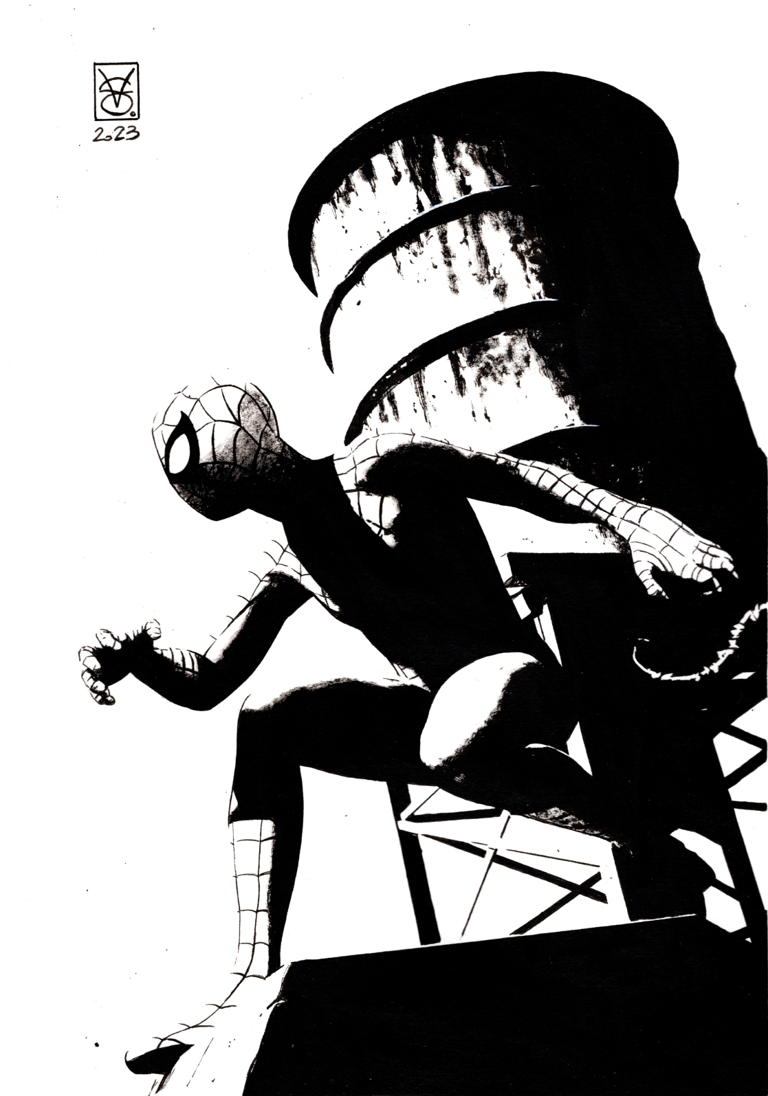 spider-man, marvel, spider-man (series), commentary, english commentary, highres, 1boy, 2023, bodysuit, male focus, monochrome, profile, solo, spider web print, squatting, superhero costume, valerio giangiordano, water tower, white background