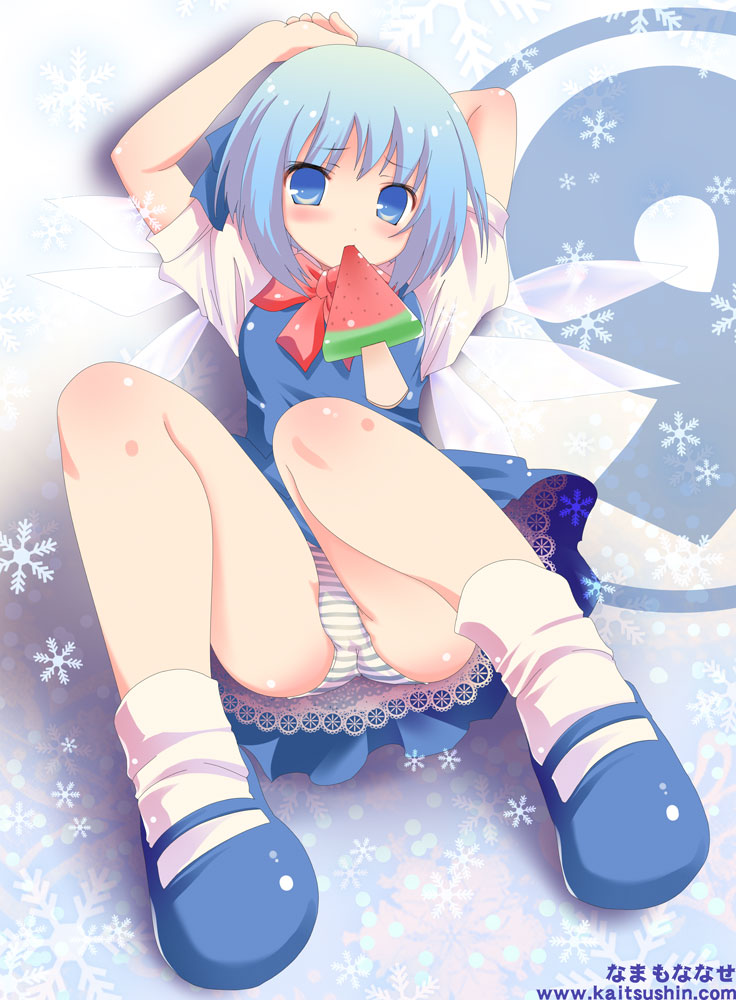 namamo nanase, cirno, phantasmagoria of flower view, touhou, 1girl, blue eyes, blue hair, circled 9, female focus, food, fruit, legs, panties, pantyshot, popsicle, solo, striped clothes, striped panties, underwear, upskirt, watermelon, watermelon bar