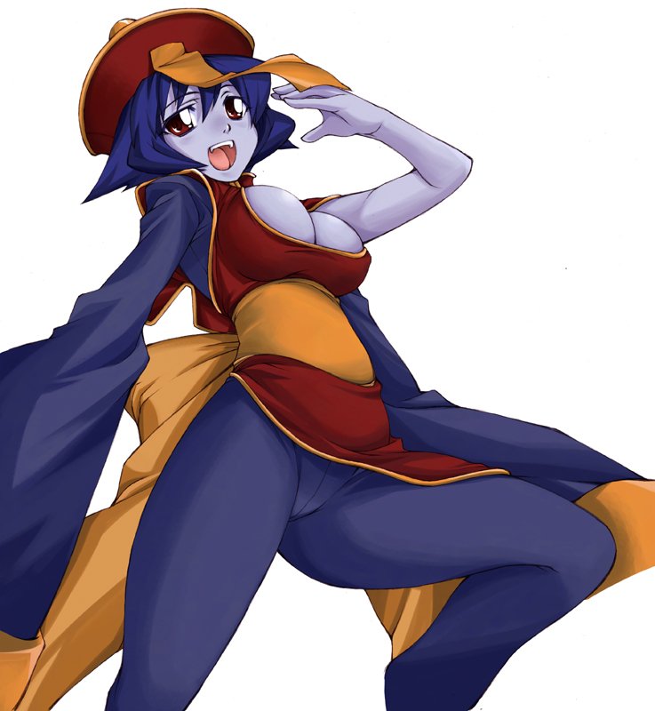 ayamo kaoru, hsien-ko, capcom, darkstalkers, 1girl, blue hair, blue skin, breasts, cleavage, cleavage cutout, clothing cutout, colored skin, demon girl, female focus, flipped hair, hat, jiangshi, qingdai guanmao, short hair, simple background, solo, white background, zombie
