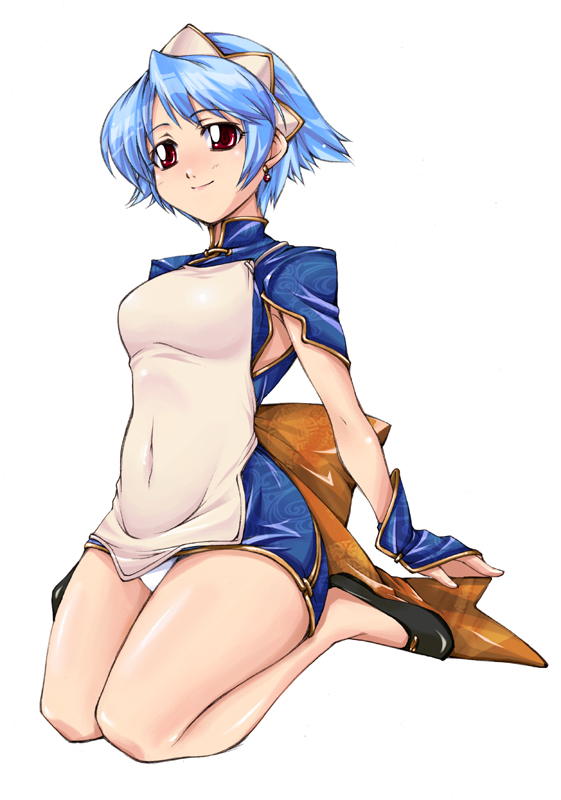 ayamo kaoru, original, 1girl, blue hair, china dress, chinese clothes, curvy, dress, earrings, female focus, jewelry, panties, pantyshot, red eyes, short hair, simple background, sitting, solo, underwear, wariza, white background, white panties