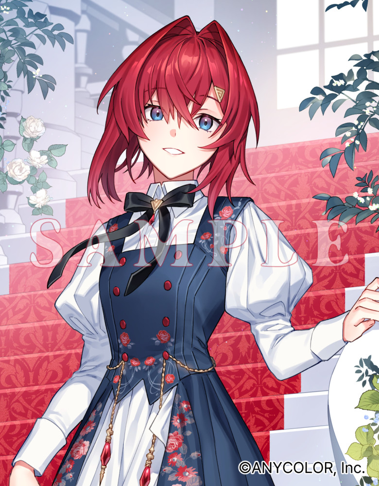 nardack, ange katrina, nijisanji, commentary request, official art, 1girl, black bow, black bowtie, blue dress, blue eyes, bow, bowtie, breasts, buttons, copyright notice, crossed bangs, double-breasted, dress, floral print, floral print dress, flower, gradient eyes, grin, hair between eyes, hair intakes, hair ornament, hand up, indoors, juliet sleeves, layered dress, lips, long sleeves, looking at viewer, medium hair, multicolored eyes, official alternate costume, plant, print dress, puffy sleeves, purple eyes, red hair, sample watermark, small breasts, smile, solo, stairs, triangle hair ornament, upper body, virtual youtuber, watermark, white dress, white flower