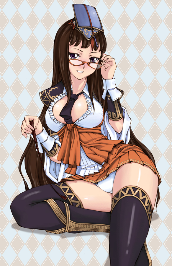 ayamo kaoru, xin xianying, sangokushi taisen, 1girl, argyle background, argyle clothes, between breasts, black thighhighs, breasts, brown eyes, brown hair, cleavage, curvy, female focus, glasses, hat, long hair, looking at viewer, necktie, panties, pantyshot, purple eyes, smile, solo, thighhighs, underwear, upskirt, white panties