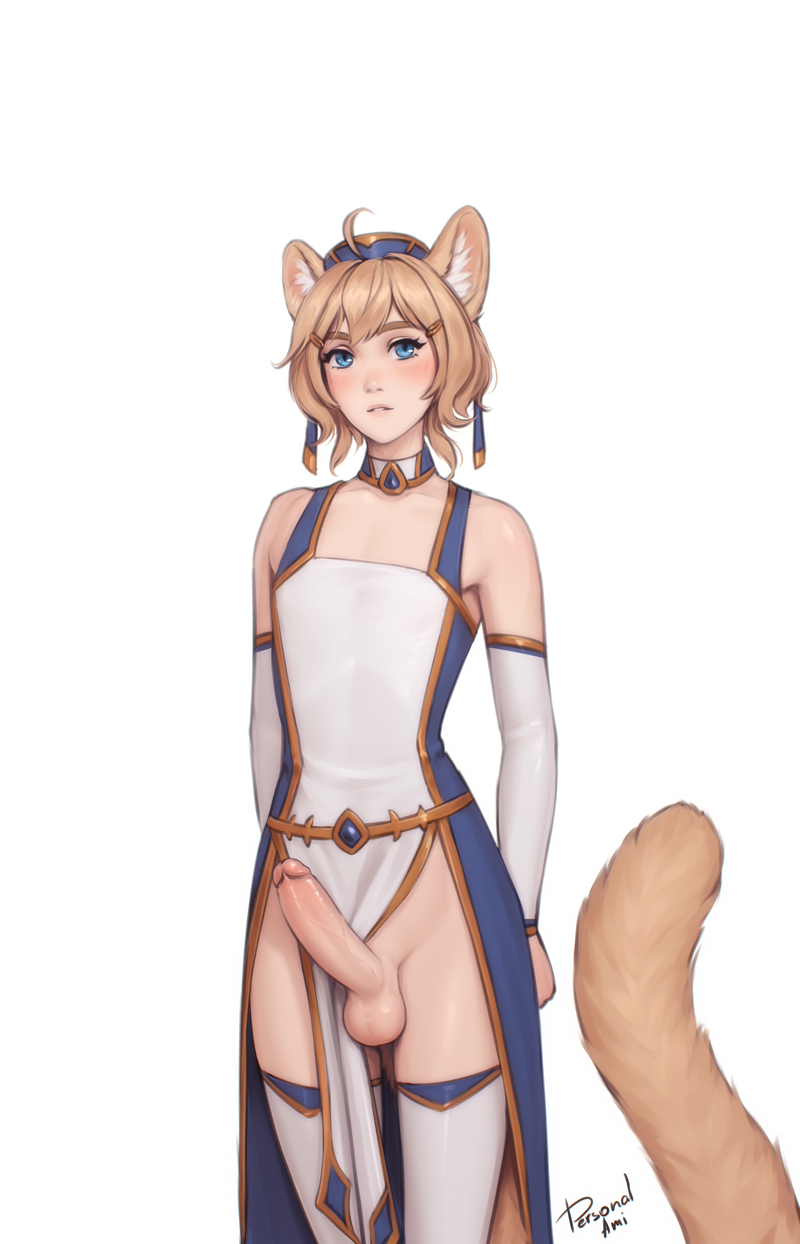 personal ami, original, highres, 1boy, animal ears, blonde hair, blue eyes, cat boy, cat ears, cat tail, closed mouth, erection, looking at viewer, male focus, pelvic curtain, penis, short hair, simple background, solo, tail, testicles, thighhighs, trap, uncensored