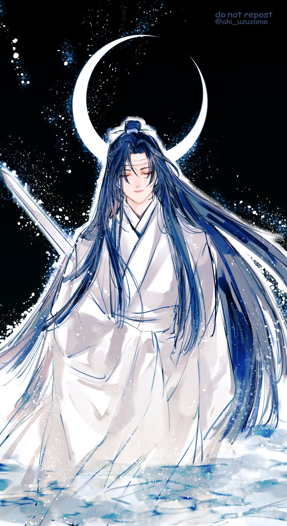 lan wangji, modao zushi, commentary request, highres, 1boy, aki uzuzame, bichen sword, bishounen, black background, black hair, chinese clothes, closed eyes, closed mouth, crescent, crescent moon, hanfu, headband, jian (weapon), light particles, long hair, long sleeves, male focus, moon, night, night sky, parted bangs, robe, sky, solo, standing, sword, sword on back, topknot, twitter username, very long hair, wading, water, weapon, weapon on back, white hanfu, white headband, wide sleeves, xiao guan (headdress)