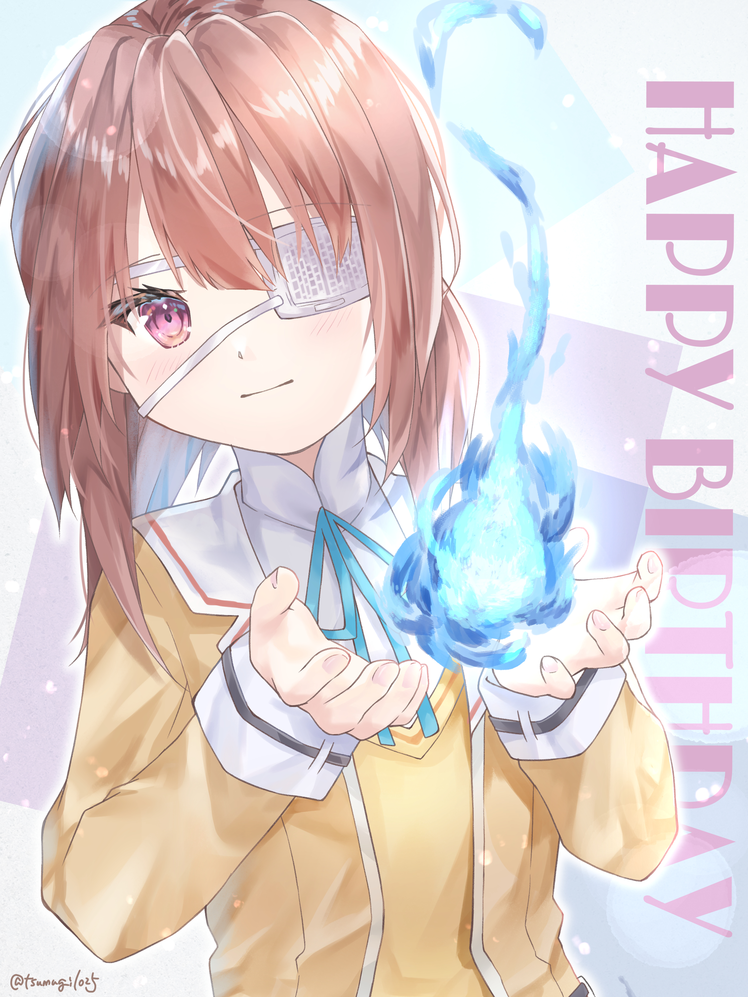 tsumugi-t, hiiragi kozue, heaven burns red, absurdres, commentary request, highres, 1girl, blue ribbon, blush, bob cut, brown hair, closed mouth, copyright name, eyelashes, eyepatch, hair between eyes, hands up, hitodama, jacket, light smile, long sleeves, looking at viewer, medical eyepatch, medium hair, neck ribbon, one eye covered, open hands, outline, red eyes, ribbon, simple background, solo, twitter username, upper body, white background, white outline, yellow jacket