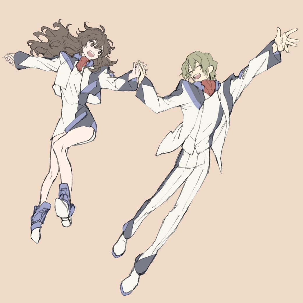 michi naka, hino miwa, kurusu misao, soukyuu no fafner, 1boy, 1girl, alvis uniform, ankle boots, ascot, blonde hair, boots, brown background, brown hair, cropped jacket, dress, full body, holding hands, long hair, pants, red ascot, short hair, simple background, sketch, smile, striped sleeves