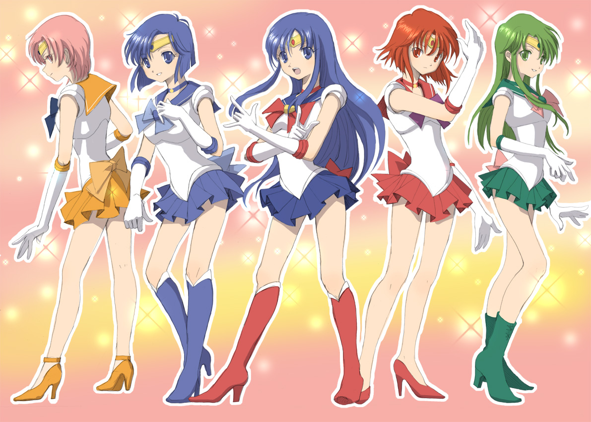 alice iris, caeda (fire emblem), catria (fire emblem), est (fire emblem), minerva (fire emblem), palla (fire emblem), sailor jupiter, sailor mars, sailor mercury, sailor moon, sailor venus, bishoujo senshi sailor moon, fire emblem, fire emblem: mystery of the emblem, nintendo, blue footwear, 5girls, blue eyes, blue hair, blue sailor collar, blue skirt, boots, bow, choker, cosplay, elbow gloves, gloves, green boots, green eyes, green hair, green skirt, high heels, inner senshi, knee boots, long hair, m/, magical girl, miniskirt, multiple girls, open mouth, orange skirt, pink bow, pink eyes, pink hair, red bow, red eyes, red hair, red skirt, sailor collar, sailor jupiter (cosplay), sailor mars (cosplay), sailor mercury (cosplay), sailor moon (cosplay), sailor senshi, sailor venus (cosplay), shoes, short hair, siblings, sisters, skirt, smile, tiara, white gloves