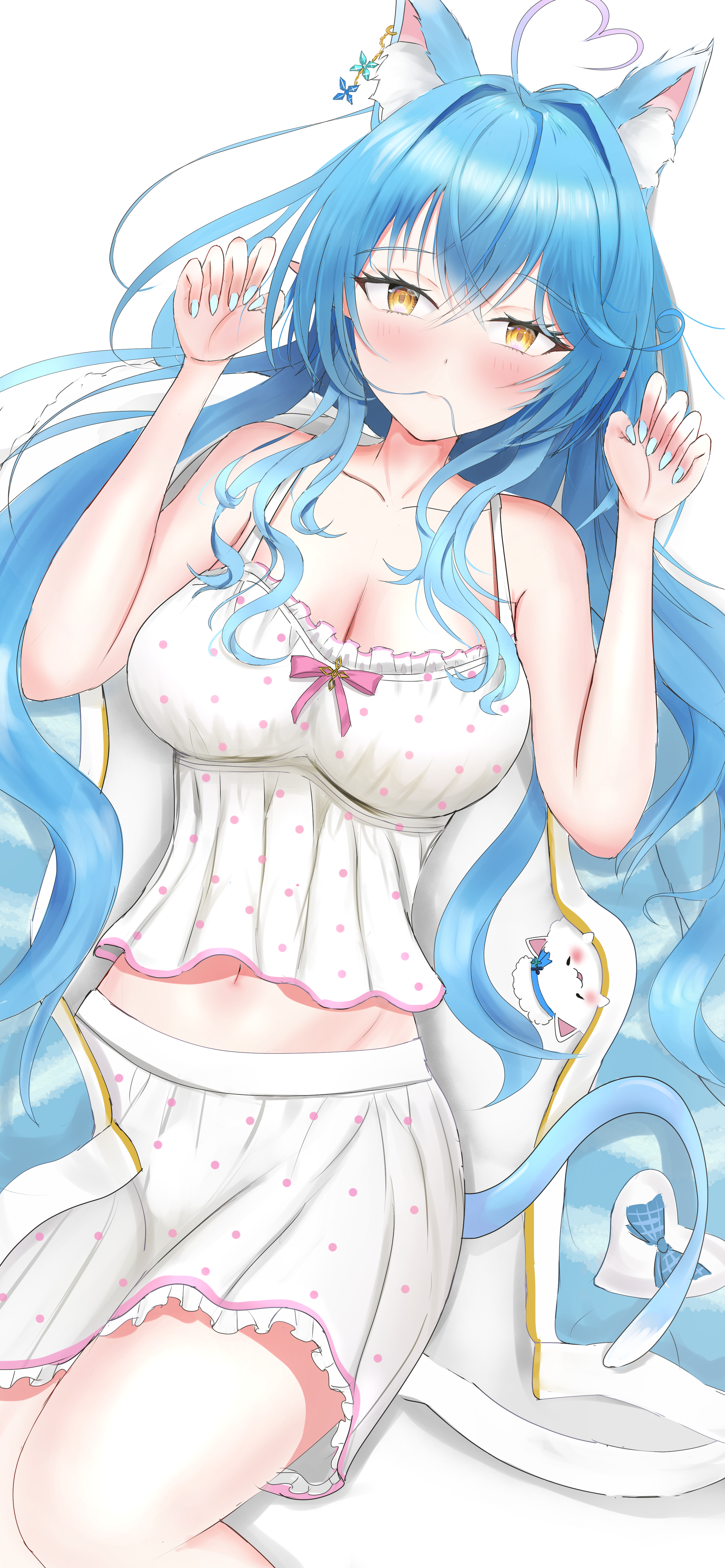 waniwani (wasabiwaniwani), yukihana lamy, yukihana lamy (roomwear), yukimin (yukihana lamy), hololive, absurdres, commentary request, highres, 1girl, ahoge, animal ear fluff, animal ears, bare shoulders, blue hair, blue nails, blush, breasts, camisole, cat ears, cat girl, cleavage, collarbone, elf, hair between eyes, hair in own mouth, heart, heart ahoge, large breasts, long hair, looking at viewer, lying, nail polish, official alternate costume, official alternate hairstyle, on back, open mouth, pointy ears, polka dot, polka dot camisole, skirt, sleepwear, solo, virtual youtuber, white camisole, white skirt, yellow eyes
