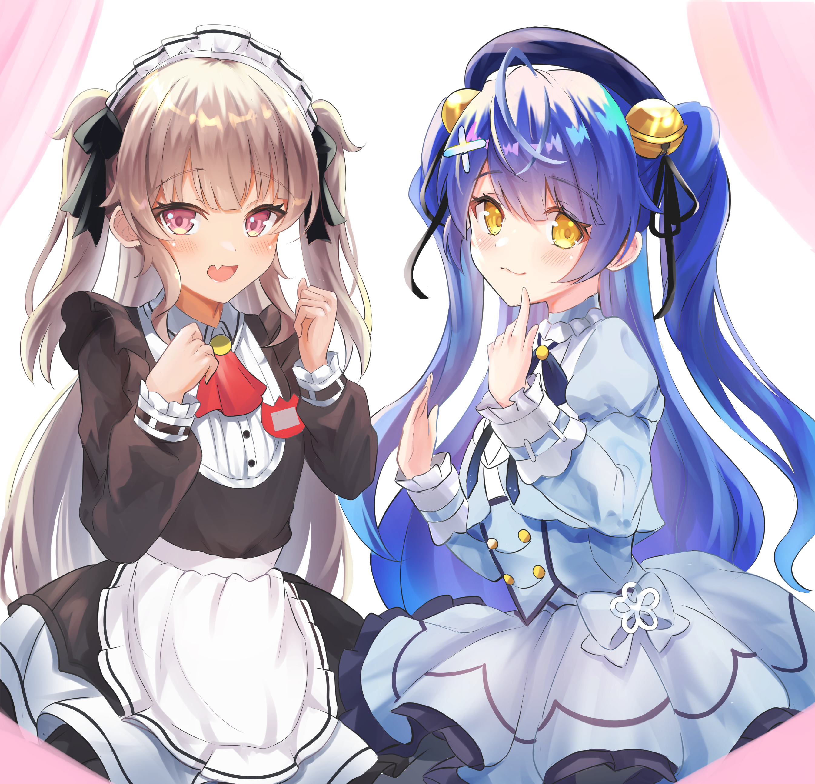 tihayasan-ktkr, amamiya kokoro, amamiya kokoro (1st costume), matsukai mao, matsukai mao (2nd costume), nijisanji, absurdres, commentary request, highres, 2girls, apron, bell, black dress, black ribbon, blue dress, blue hair, dark-skinned female, dark skin, dress, fang, grey hair, hair bell, hair ornament, hair ribbon, long hair, maid, maid apron, maid headdress, multiple girls, official alternate costume, purple eyes, ribbon, skin fang, smile, twintails, two side up, very long hair, virtual youtuber, white apron, x hair ornament, yellow eyes