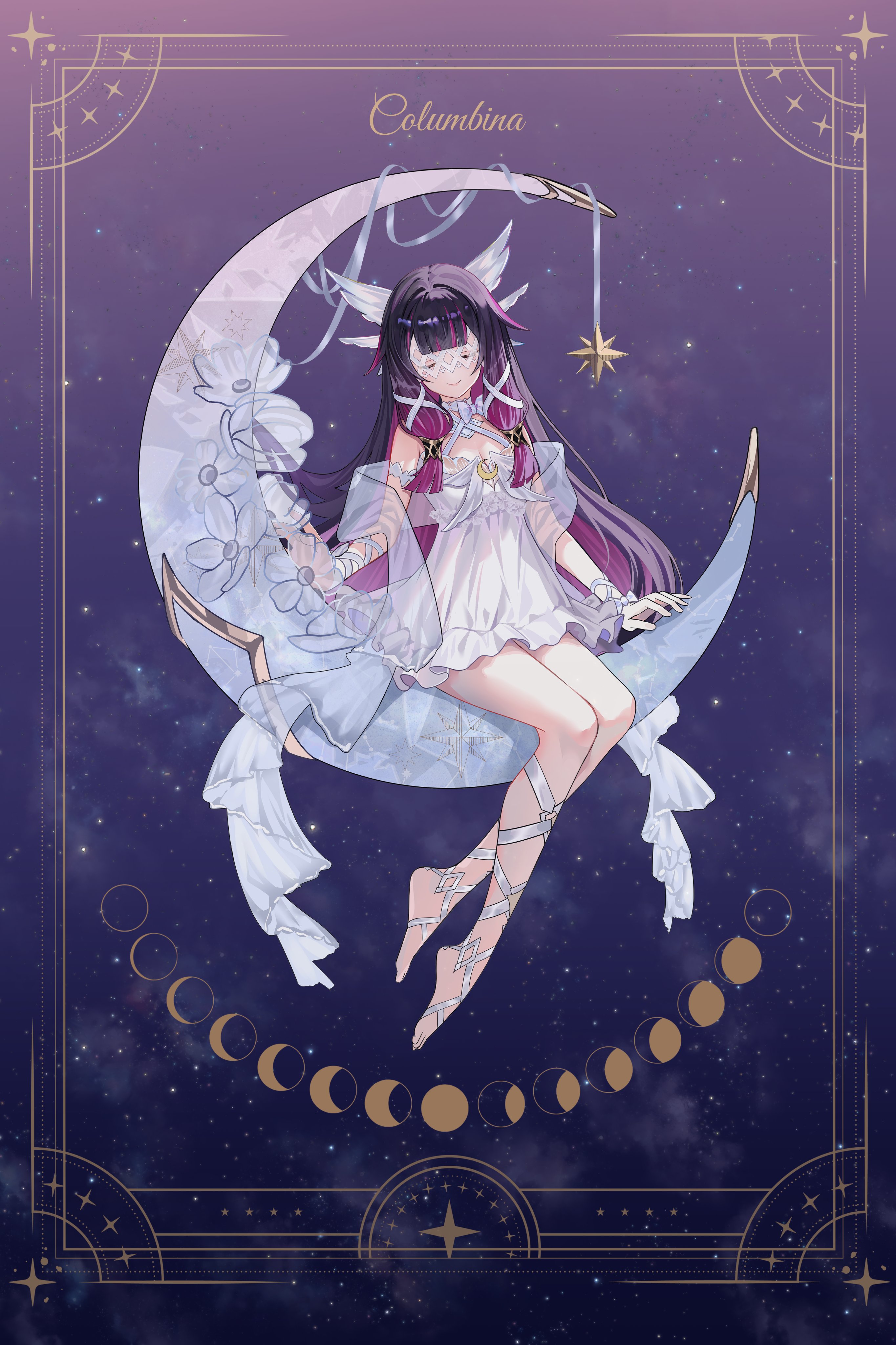 komiya latte, columbina (genshin impact), genshin impact, absurdres, commentary request, highres, 1girl, black hair, closed eyes, closed mouth, crescent, dress, full body, hair ornament, long hair, moon phases, multicolored hair, purple hair, sitting, smile, solo, star (sky), starry sky background, very long hair, white dress, wing hair ornament