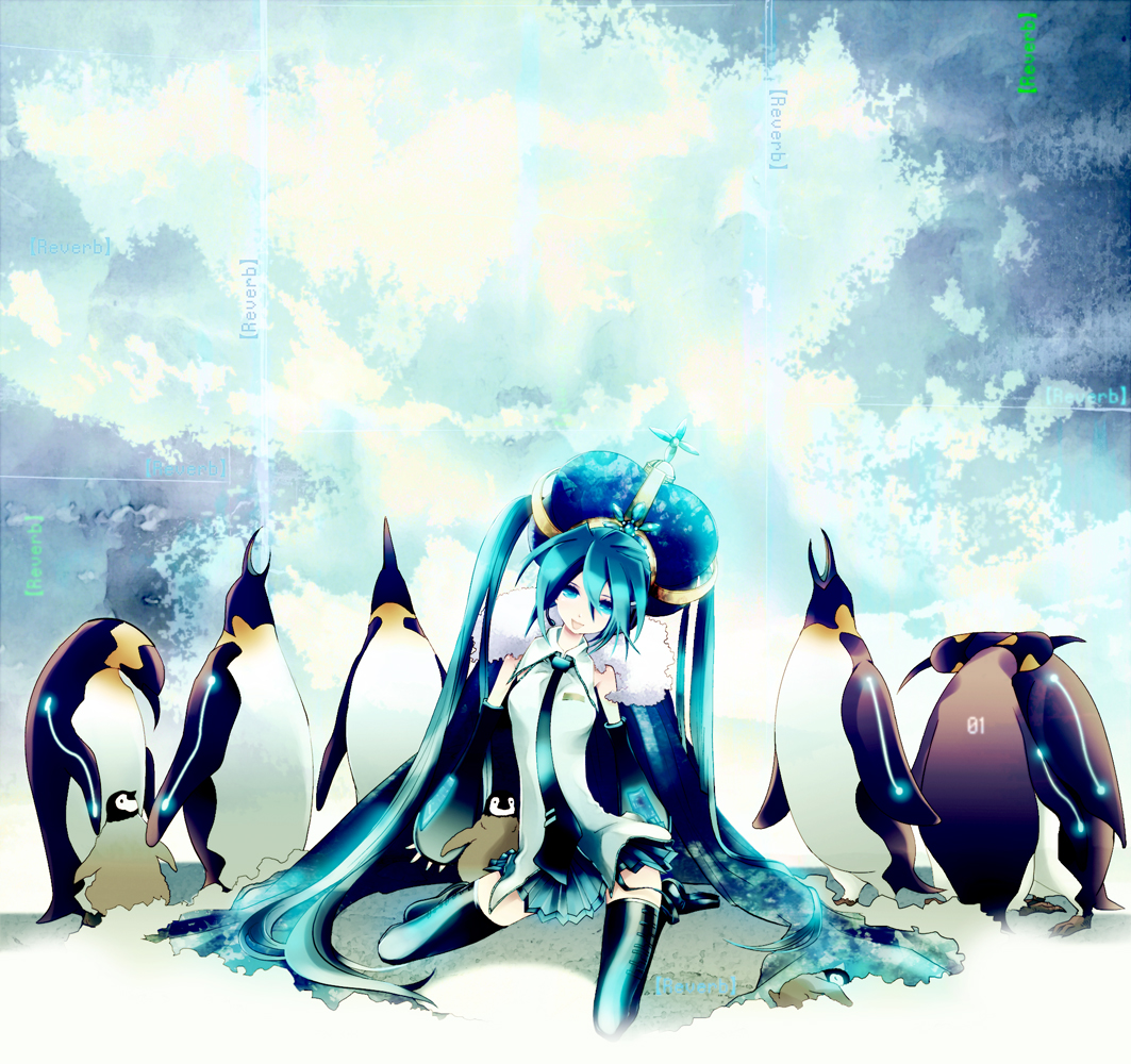 anoringo, hatsune miku, vocaloid, :p, aqua eyes, aqua hair, bird, cape, crown, detached sleeves, headset, kneeling, long hair, necktie, penguin, skirt, smile, solo, thighhighs, tongue, tongue out, twintails, very long hair, zettai ryouiki