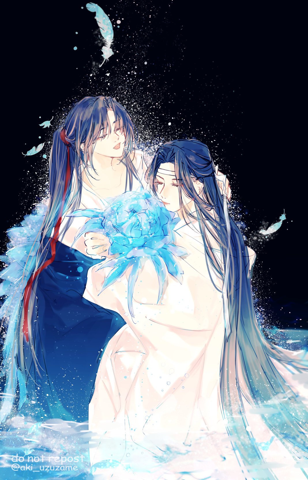 lan wangji, wei wuxian, modao zushi, commentary request, highres, 2boys, aki uzuzame, alternate costume, black background, black coat, black hair, blue feathers, blue flower, bouquet, chinese clothes, closed eyes, closed mouth, coat, collarbone, couple, falling feathers, feathers, flower, hair ribbon, hanfu, headband, holding, holding bouquet, holding flower, holding ribbon, hug, light particles, long hair, long sleeves, male focus, multiple boys, night, night sky, off shoulder, open mouth, ponytail, red ribbon, ribbon, robe, sitting, sky, smile, twitter username, upper body, very long hair, wading, water, white hanfu, white ribbon, wide sleeves, yaoi