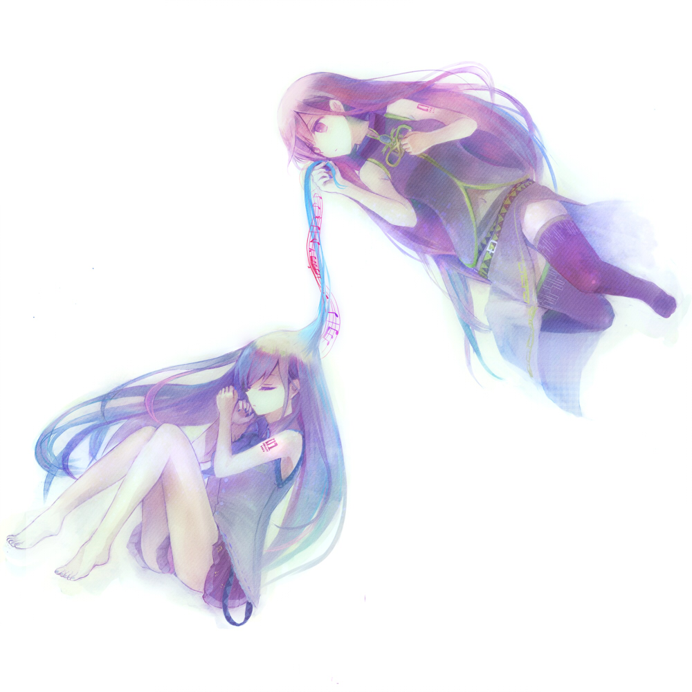 amamizu (pixiv), usui (tripcube), hatsune miku, megurine luka, vocaloid, bad id, bad pixiv id, 2girls, barefoot, beamed quavers, closed eyes, crotchet rest, long hair, multiple girls, musical note, musical staff, quaver, quaver rest, simple background, skirt, thighhighs