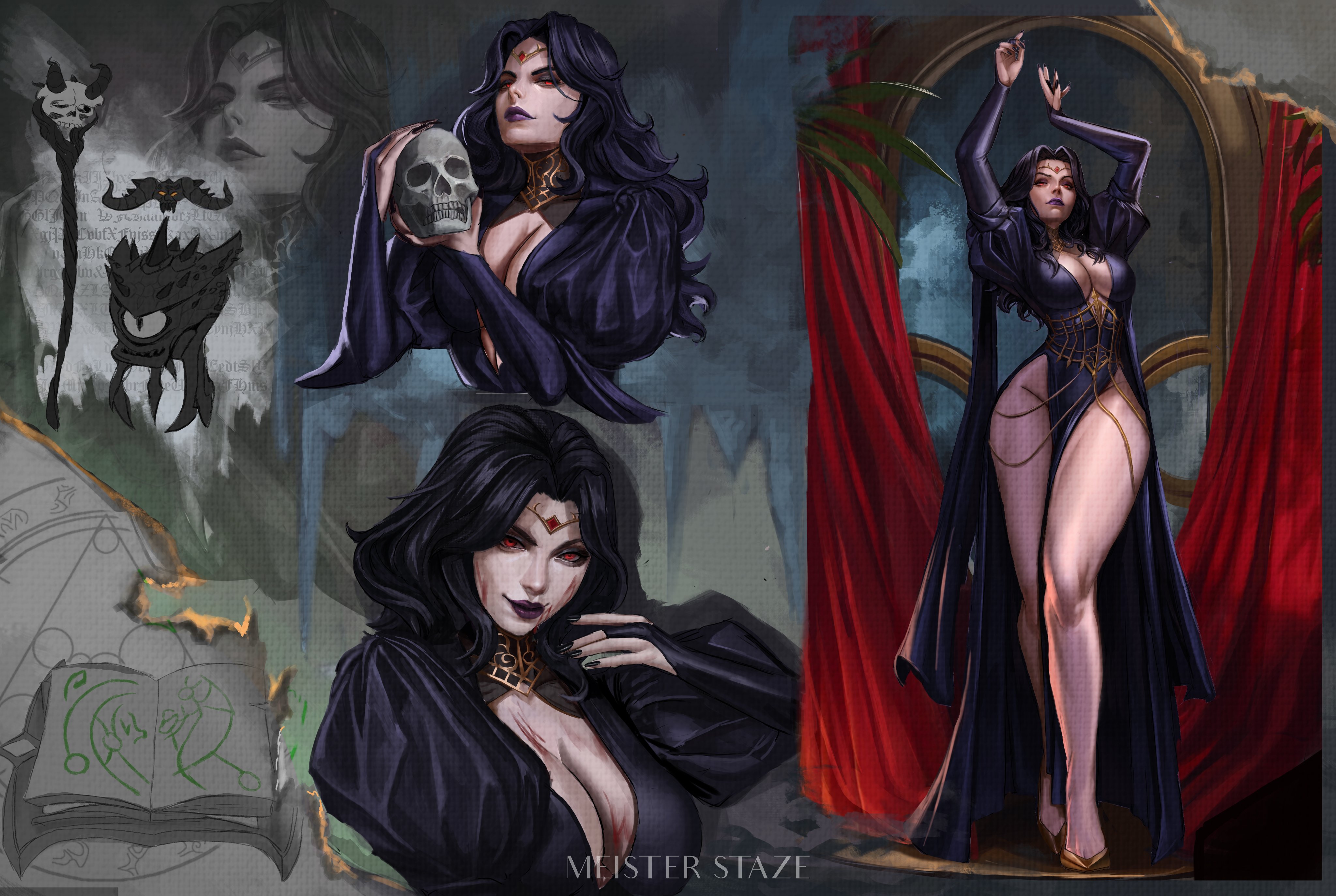 meister staze, warcraft, world of warcraft, absurdres, character request, commentary, english commentary, highres, 1girl, arms up, black dress, black hair, black lips, black nails, breasts, bridal gauntlets, center opening, dress, gem, holding, holding skull, juliet sleeves, large breasts, lips, long hair, long sleeves, looking at viewer, multiple views, nail polish, nose, puffy sleeves, red eyes, red gemstone, skull