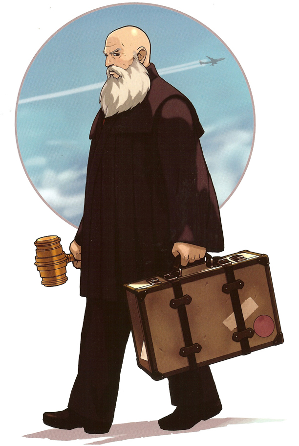edaki shin'ya, the judge (ace attorney), ace attorney, capcom, official art, 1boy, aircraft, airplane, bald, beard, cloud, contrail, facial hair, gavel, hammer, judge, male focus, mustache, robe, sky, solo, suitcase, walking, white hair