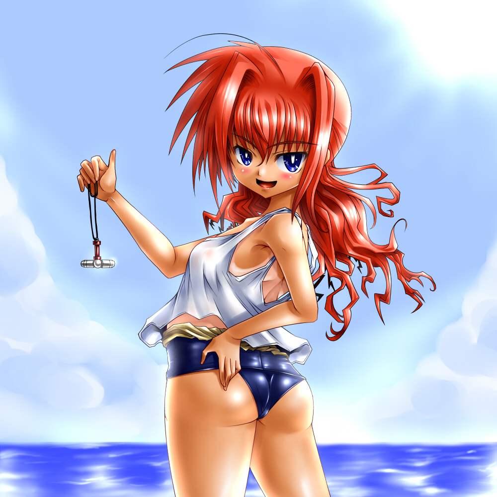 gao (artist), gao (naodayo), graf eisen, vita (nanoha), lyrical nanoha, mahou shoujo lyrical nanoha, mahou shoujo lyrical nanoha a's, mahou shoujo lyrical nanoha strikers, 00s, ahoge, ass, blue eyes, blush, long hair, red hair, solo, swimsuit, undressing, vest