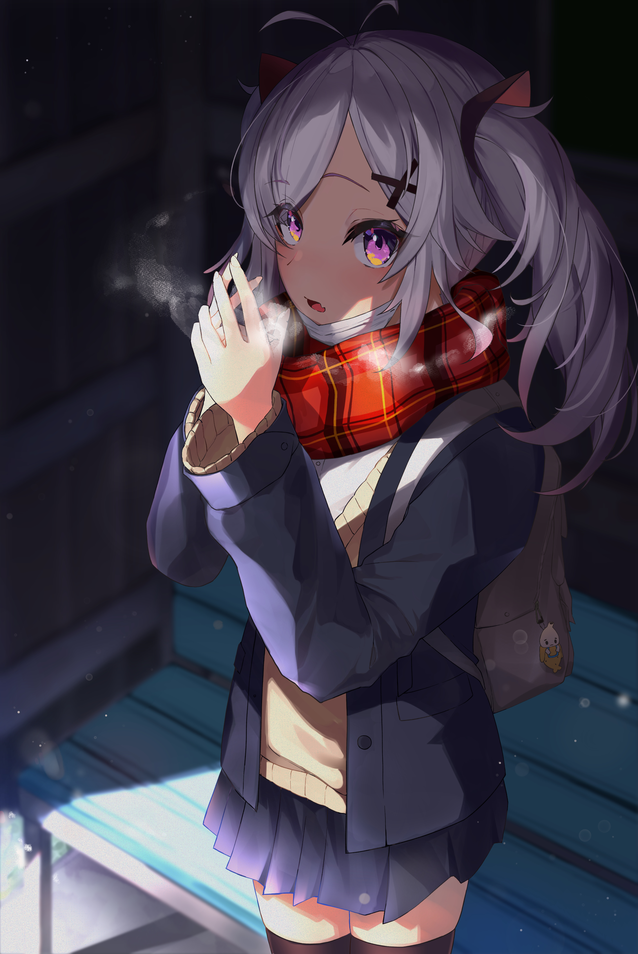 hinataa, matsukai mao, nijisanji, absurdres, commentary request, highres, 1girl, alternate costume, animal ears, backpack, bag, black cardigan, black skirt, blush, brown shirt, cardigan, cat ears, fake animal ears, fang, grey hair, hair ornament, looking at viewer, open mouth, purple eyes, red scarf, scarf, shirt, skin fang, skirt, solo, two side up, virtual youtuber, x hair ornament