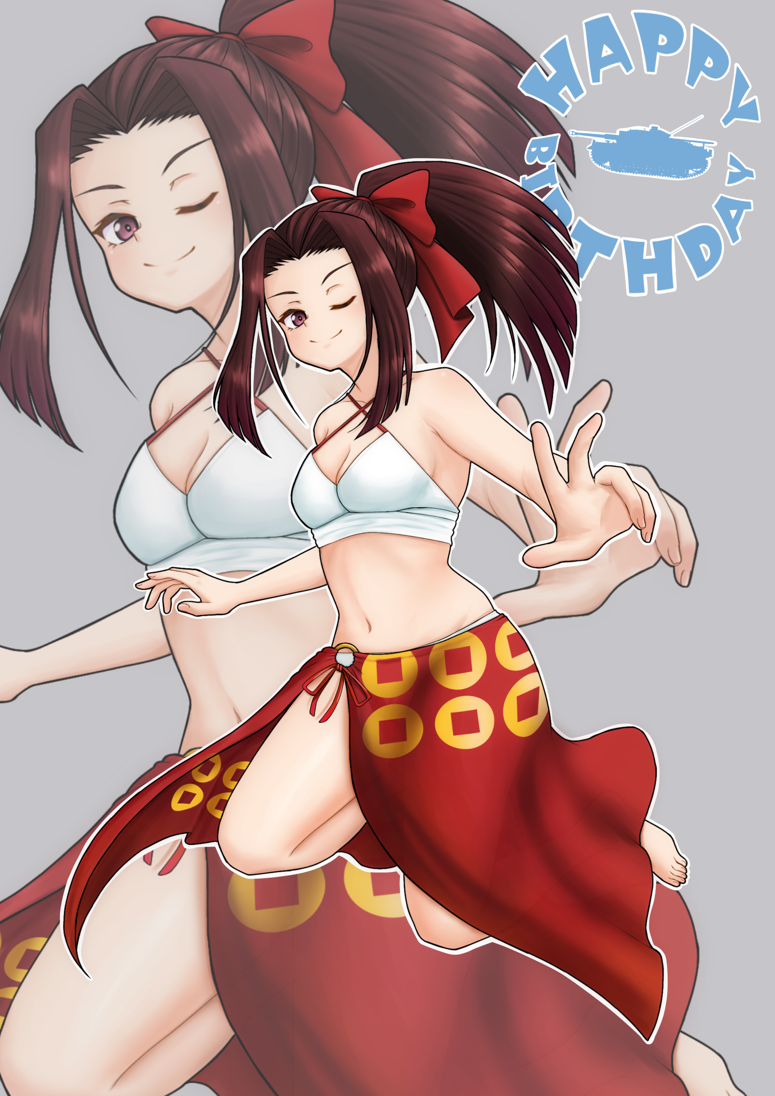 amanone yun, saemonza (girls und panzer), girls und panzer, absurdres, commentary request, highres, 1girl, bikini, bikini skirt, blush, breasts, brown eyes, brown hair, cleavage, closed mouth, grey background, hair ribbon, long hair, looking at viewer, medium breasts, navel, one eye closed, ponytail, ribbon, simple background, smile, solo, swimsuit, white bikini