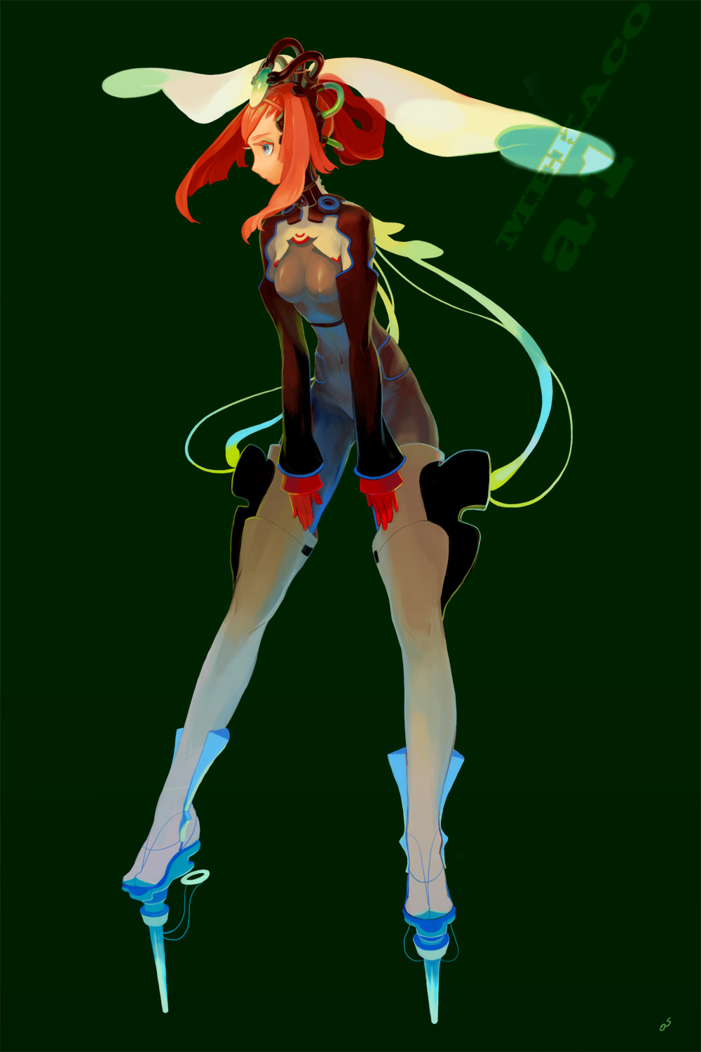 iwamoto zerogo, original, highres, gloves, high heels, red hair, science fiction, shoes, solo, thighhighs
