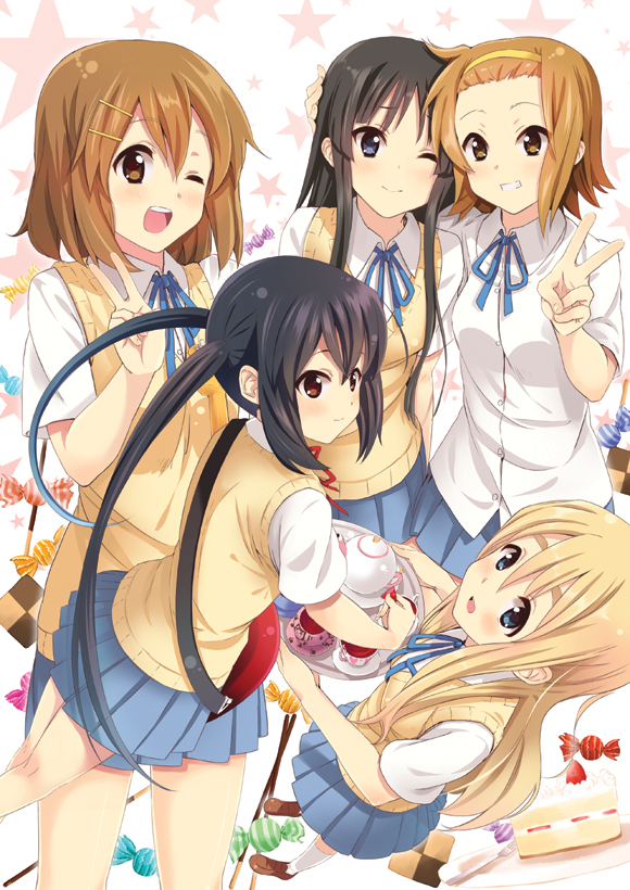 kitagawa unagi, akiyama mio, hirasawa yui, kotobuki tsumugi, nakano azusa, tainaka ritsu, k-on!, bad id, bad pixiv id, 00s, 5girls, black hair, blonde hair, blue eyes, brown eyes, brown hair, cake, cake slice, candy, checkerboard cookie, cookie, cup, food, fork, fruit, guitar, ho-kago tea time, instrument, long hair, multiple girls, one eye closed, open mouth, pastry, pocky, school uniform, short hair, star (symbol), strawberry, strawberry shortcake, sweater vest, tea, tea set, teacup, tray, v, white background, wink