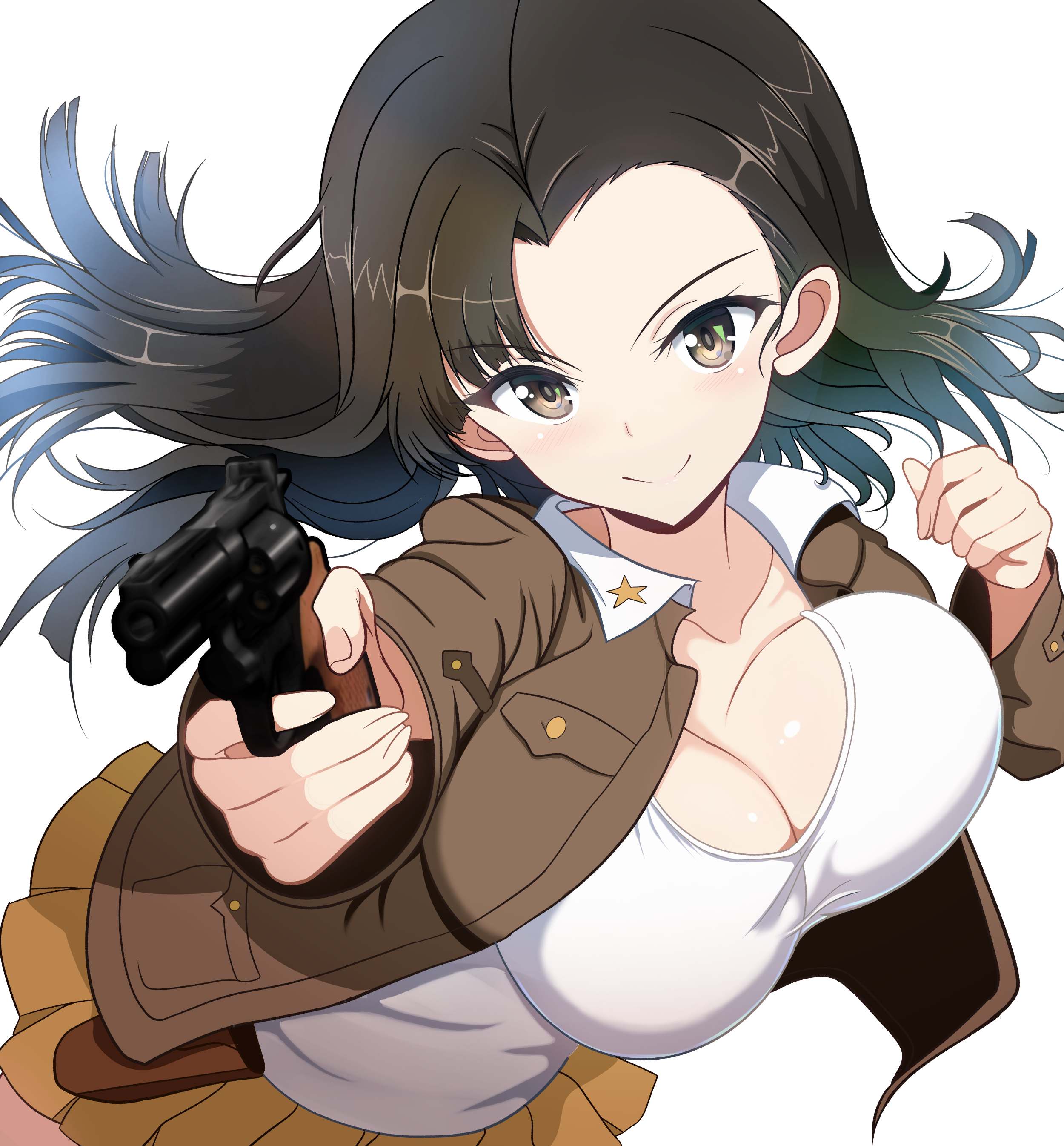 gratin (kumaisao), nishi kinuyo, girls und panzer, absurdres, commentary request, highres, 1girl, aiming, aiming at viewer, black hair, blush, bouncing breasts, breasts, brown eyes, cleavage, closed mouth, collarbone, gun, handgun, holding, holding gun, holding weapon, keizoku military uniform, large breasts, long hair, looking at viewer, military uniform, shirt, simple background, skirt, smile, solo, weapon, white background, white shirt, yellow skirt