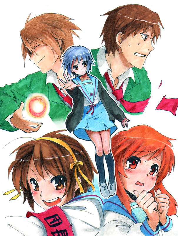 a-ka, asahina mikuru, koizumi itsuki, kyon, nagato yuki, suzumiya haruhi, suzumiya haruhi no yuuutsu, marker (medium), traditional media, watercolor pencil (medium), 00s, 2boys, 3girls, armband, multiple boys, multiple girls, school uniform, serafuku