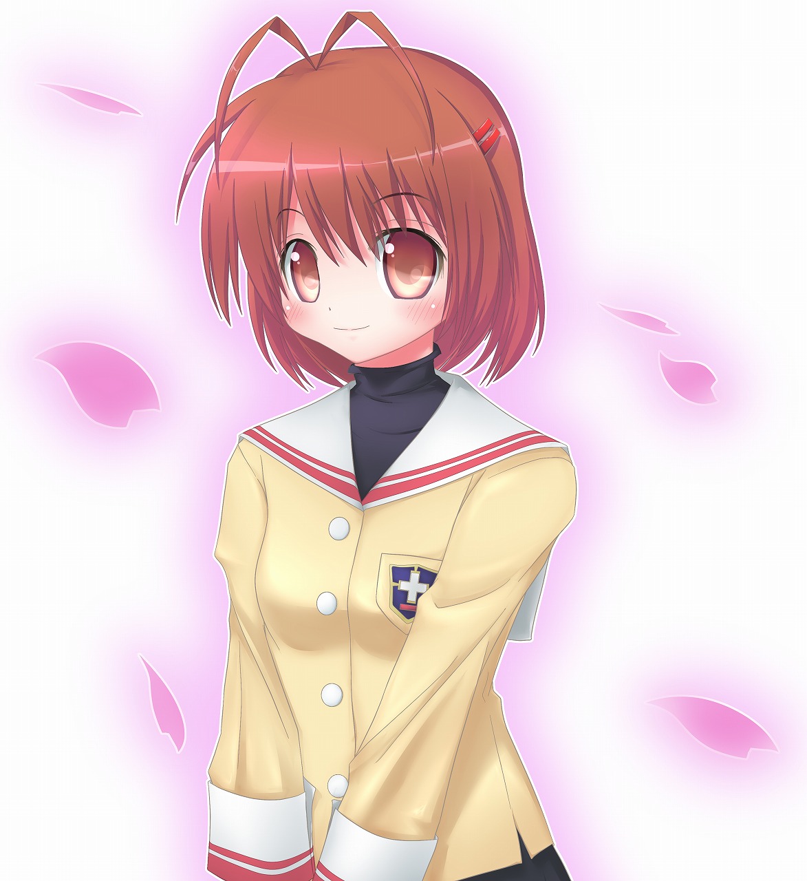 bunn, bunn (aphorism), furukawa nagisa, clannad, highres, 00s, 1girl, antenna hair, brown eyes, brown hair, female focus, school uniform, short hair, solo