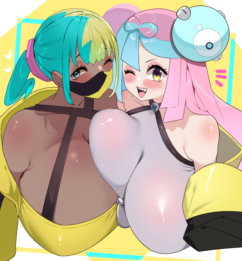 sumisumii, canari (pokemon), iono (pokemon), pokemon, pokemon legends: z-a, pokemon sv, 2girls, breasts, dark-skinned female, dark skin, huge breasts, multicolored hair, multiple girls, two-tone hair