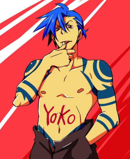 rikko, kamina (ttgl), tengen toppa gurren lagann, 00s, blue hair, body writing, male focus, red eyes, tattoo, topless male