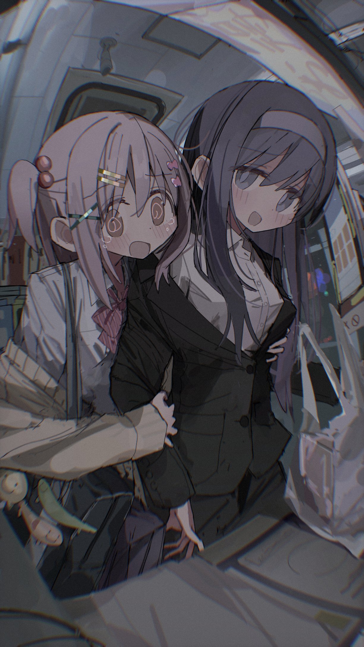 2mai84, senkawa minato, onii-chan wa oshimai!, highres, 1boy, 1girl, :d, :o, @ @, bag, black hair, black suit, blush, bow, bowtie, brown eyes, crossdressing, crossdressing (mtf), formal clothes, grey hair, grey hairband, gyaru, hair between eyes, hair bobbles, hair ornament, hairband, hairclip, indoors, kogal, long hair, long sleeves, looking at viewer, loose bowtie, one side up, open mouth, parallel hairclips, plastic bag, red bow, red bowtie, shiori (onimai), shirt, shoulder bag, smile, suit, tearing up, trap, white shirt, x hair ornament