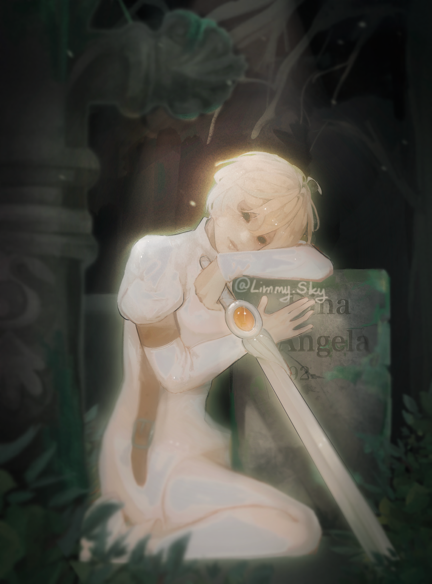 limmysky, creepypasta, commentary, english commentary, highres, 1girl, ahoge, arm rest, bare tree, black sky, blonde hair, blurry, breasts, character name, chromatic aberration, closed mouth, depth of field, double-parted bangs, dress, english text, film grain, full body, glowing, hair between eyes, hands up, head rest, holding, holding sword, holding weapon, hollow eyes, instagram username, judge angels (creepypasta), juliet sleeves, light smile, lips, long sleeves, night, on grass, outdoors, pantyhose, plant, puffy sleeves, short dress, short hair, simple background, sitting, sky, small breasts, solo, sword, tombstone, tree, turtleneck, turtleneck dress, wariza, weapon, white dress, white pantyhose