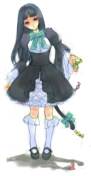 hiyori sensha, frederica bernkastel, umineko no naku koro ni, 00s, blue hair, candy, cat tail, dress, food, frills, long hair, purple eyes, ribbon, solo, tail