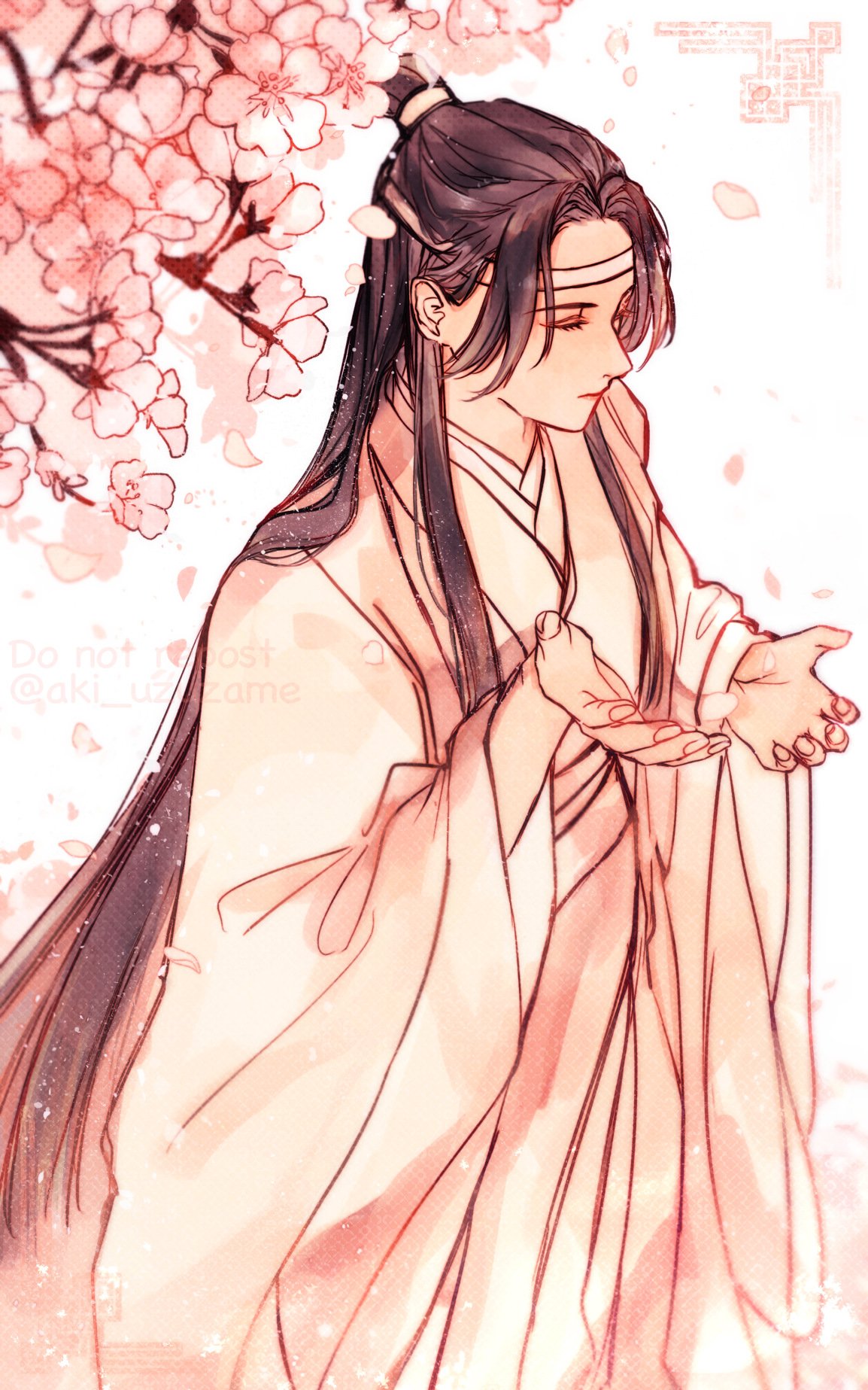 lan wangji, modao zushi, commentary request, highres, 1boy, aki uzuzame, black hair, branch, cherry blossoms, chinese clothes, closed eyes, closed mouth, cupping hands, falling petals, flower, hands up, hanfu, headband, light particles, long hair, long sleeves, male focus, own hands together, petals, pink flower, pink theme, robe, solo, standing, topknot, twitter username, upper body, very long hair, white background, white hanfu, white headband, wide sleeves, xiao guan (headdress)