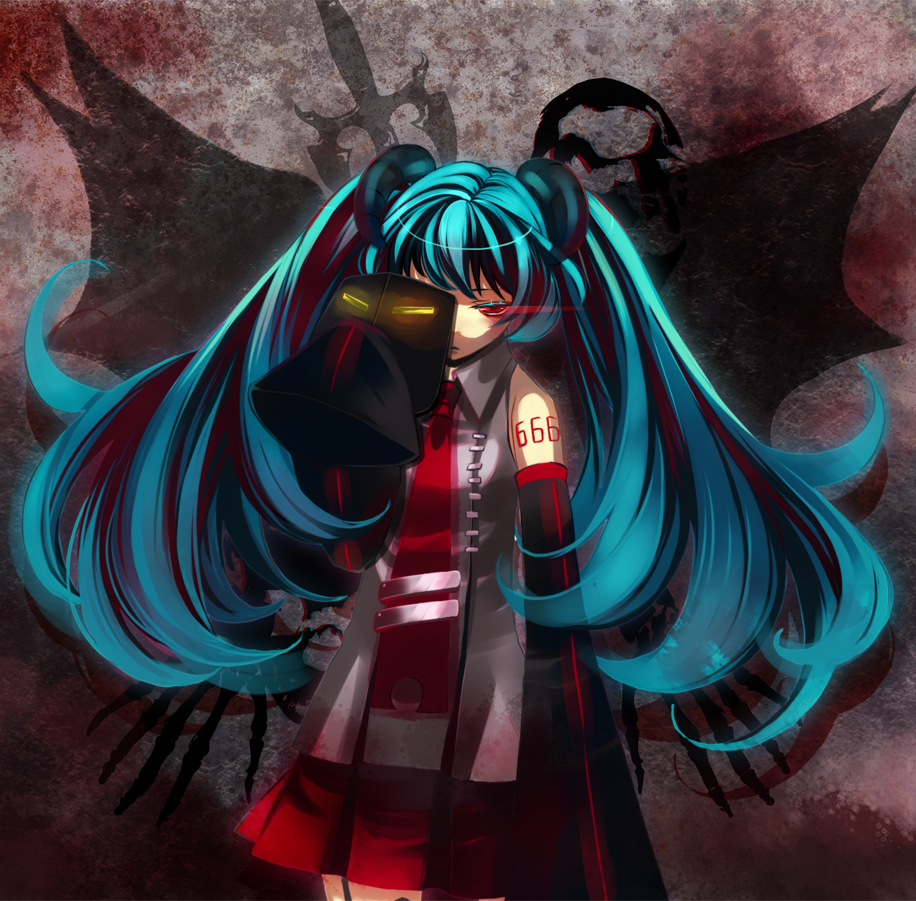 lento (water), hatsune miku, vocaloid, 1girl, aqua hair, detached sleeves, female focus, glowing, glowing eyes, mask, necktie, red eyes, solo, twintails