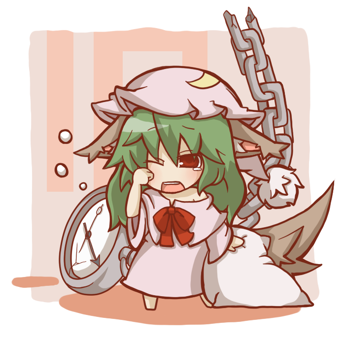 gurageida, kazami yuuka, kazami yuuka (pc-98), lotus land story, touhou, touhou (pc-98), 1girl, animal ears, chain, chibi, female focus, green hair, hat, kemonomimi mode, long hair, mini person, minigirl, nightcap, nightgown, one eye closed, pajamas, pillow, pocket watch, red eyes, sleepy, solo, tail, teardrop, tears, watch, wink