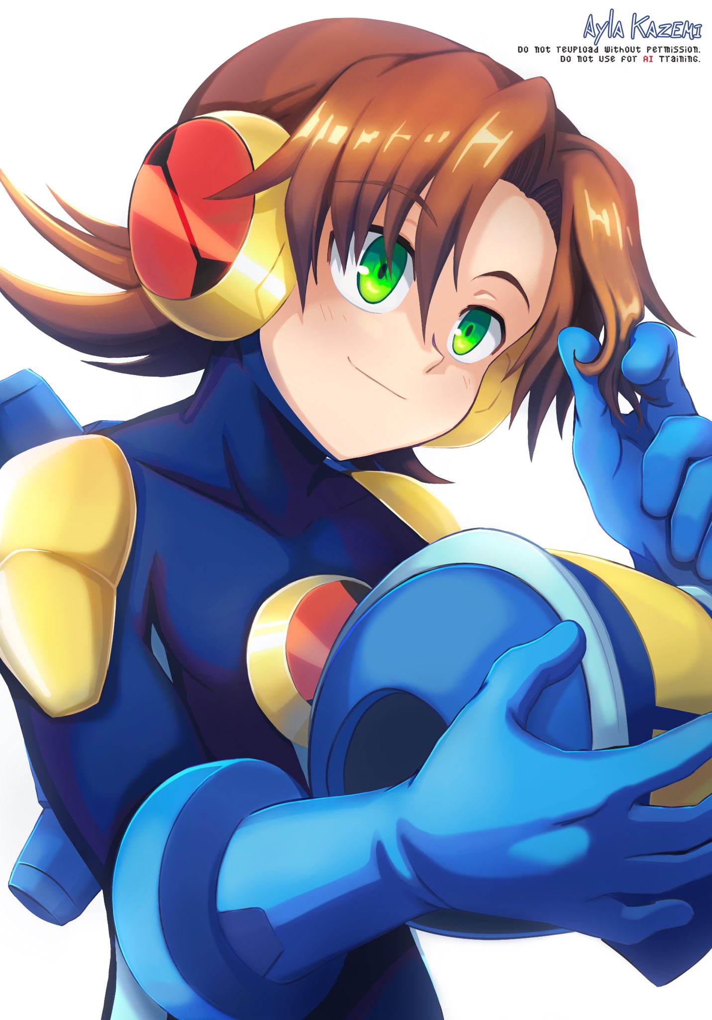 ayla kazemi, megaman.exe, mega man (series), mega man battle network (series), commentary request, highres, 1boy, artist name, blue bodysuit, blue helmet, bodysuit, brown hair, green eyes, helmet, holding, holding unworn helmet, short hair, simple background, solo, unworn headwear, unworn helmet, watermark, white background