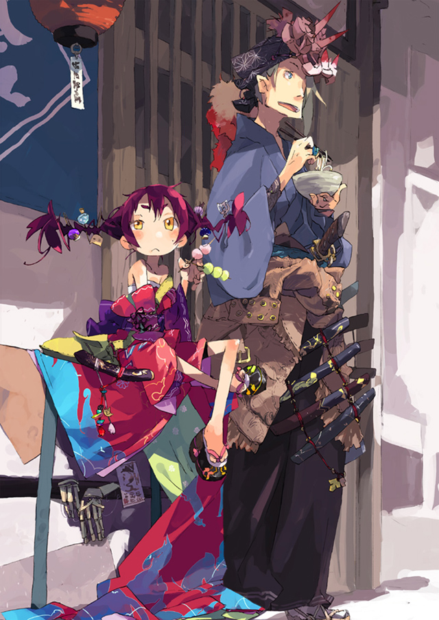 hashimoto shin, blade chronicle, 1boy, 1girl, chopsticks, dagger, dango, food, japanese clothes, knife, lantern, mole, mole on cheek, noodles, paper lantern, pointy ears, purple hair, ramen, short twintails, sitting, twintails, uneven eyes, wagashi, weapon, yellow eyes